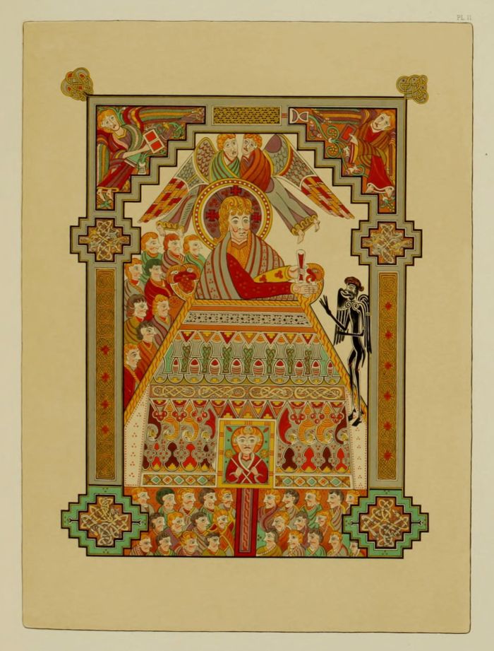 A detailed medieval illustration depicting a religious scene with a central figure surrounded by smaller figures, framed by an ornate border.