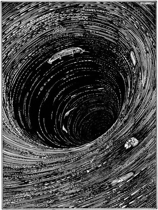 A black and white illustration of a swirling vortex or tunnel with fragmented debris and indistinct shapes within.