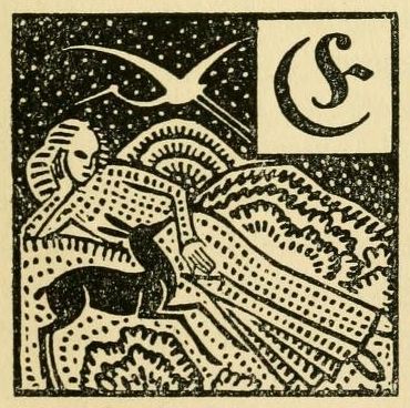 A black and white illustration in the Art Nouveau style, featuring a reclining figure, birds in flight, and a crescent moon with a stylized 'S' symbol.