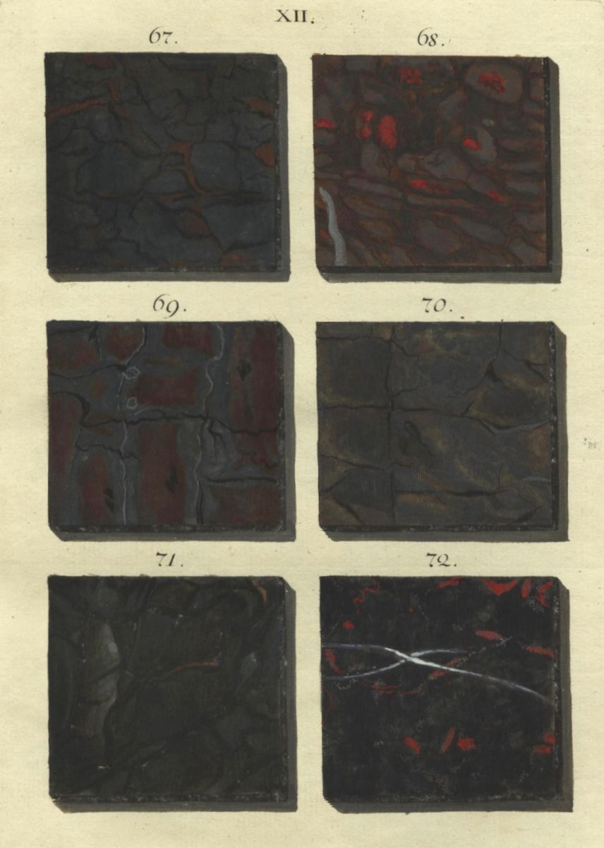 A grid of six square panels, each containing a unique, abstract pattern resembling cracked or fractured surfaces.