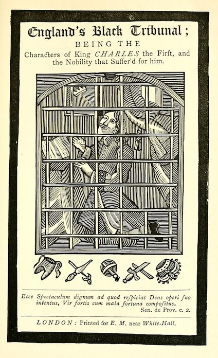 A black and white engraving titled "England's Black Tribunal" depicting King Charles I in a cage, with ornamental designs and publication information below.