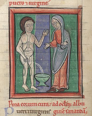 Medieval manuscript illumination of a gaunt man and a woman with a steaming bowl between them.