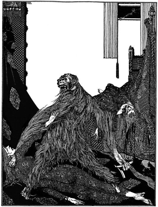 A black and white illustration of a gorilla standing in a destroyed room, with a human figure lying on the floor.