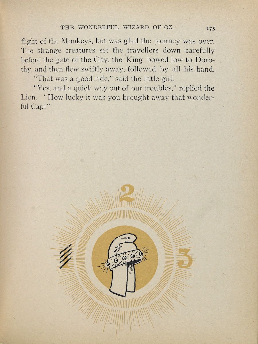 Illustration of a winged cap with the numbers 2 and 3, from page 175 of 'The Wonderful Wizard of Oz'.