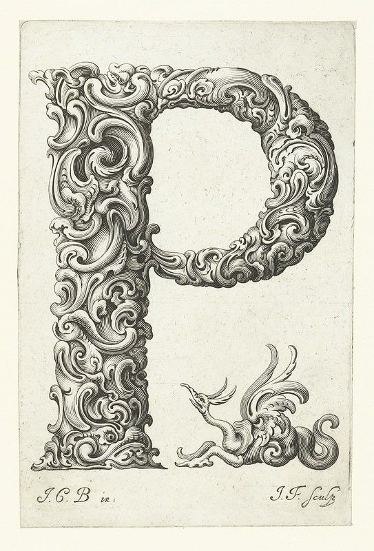 A black and white engraving of an ornate capital letter 'P' with a bird illustration below.