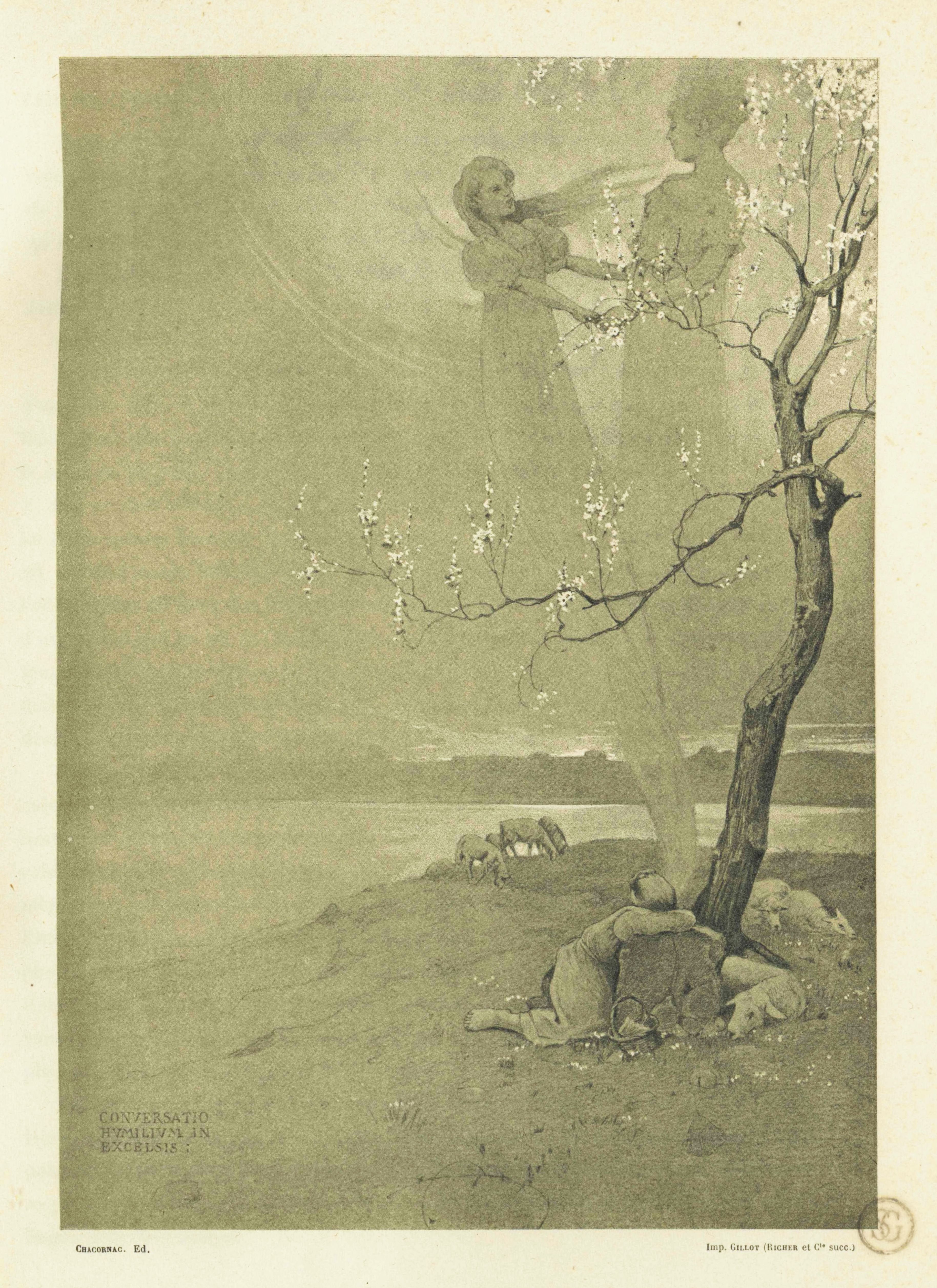 A vintage black and white illustration of a man kneeling in prayer before a spectral figure and a blossoming tree.