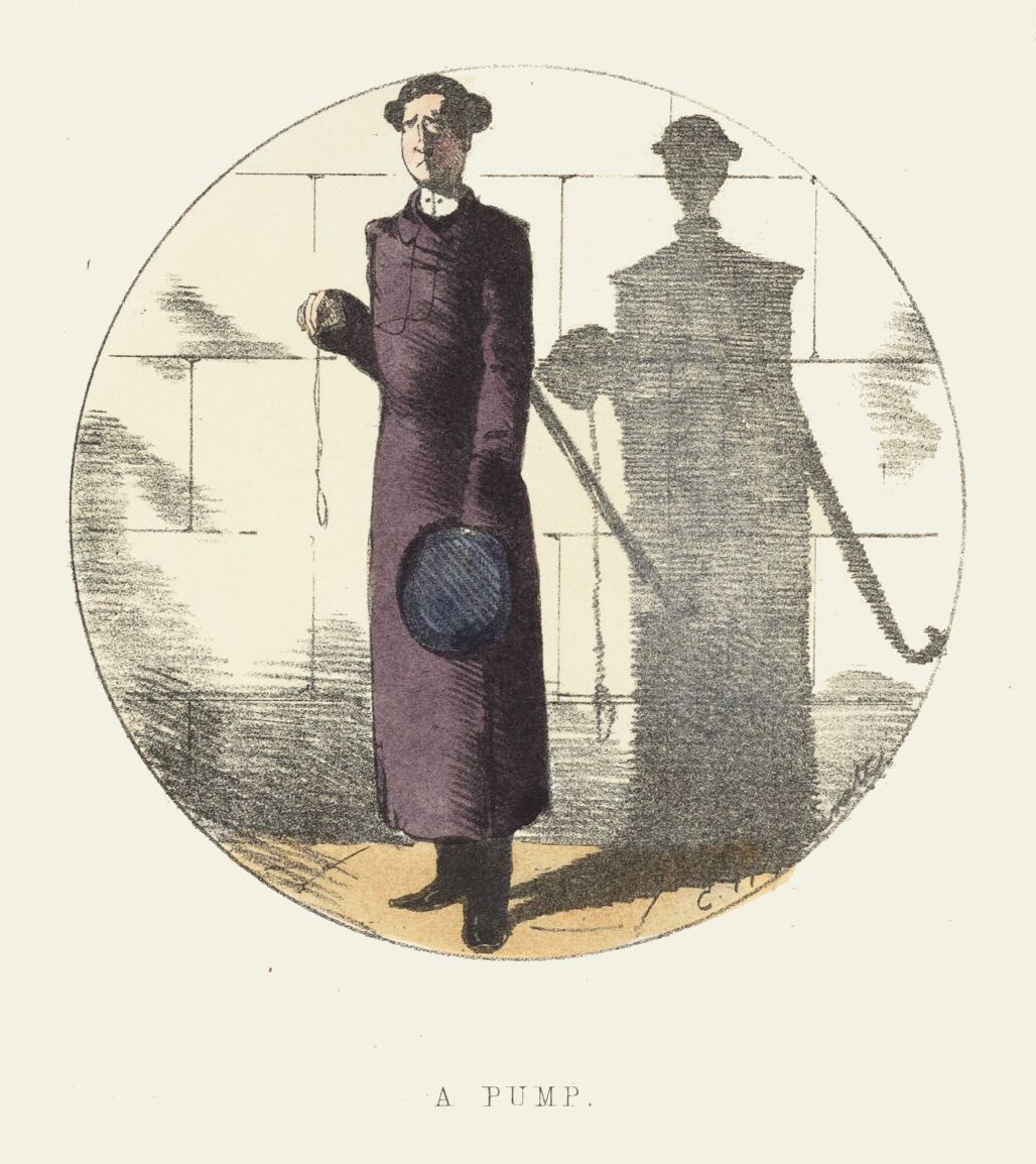 Vintage illustration of a man standing next to a water pump with a distorted shadow.