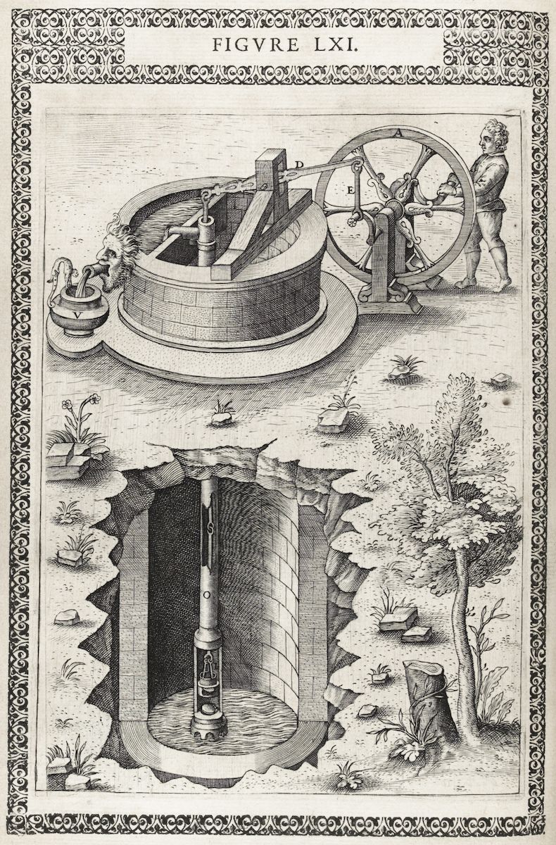 A detailed black and white engraving depicting a water-lifting mechanism with a water wheel, well, and a man operating the wheel.