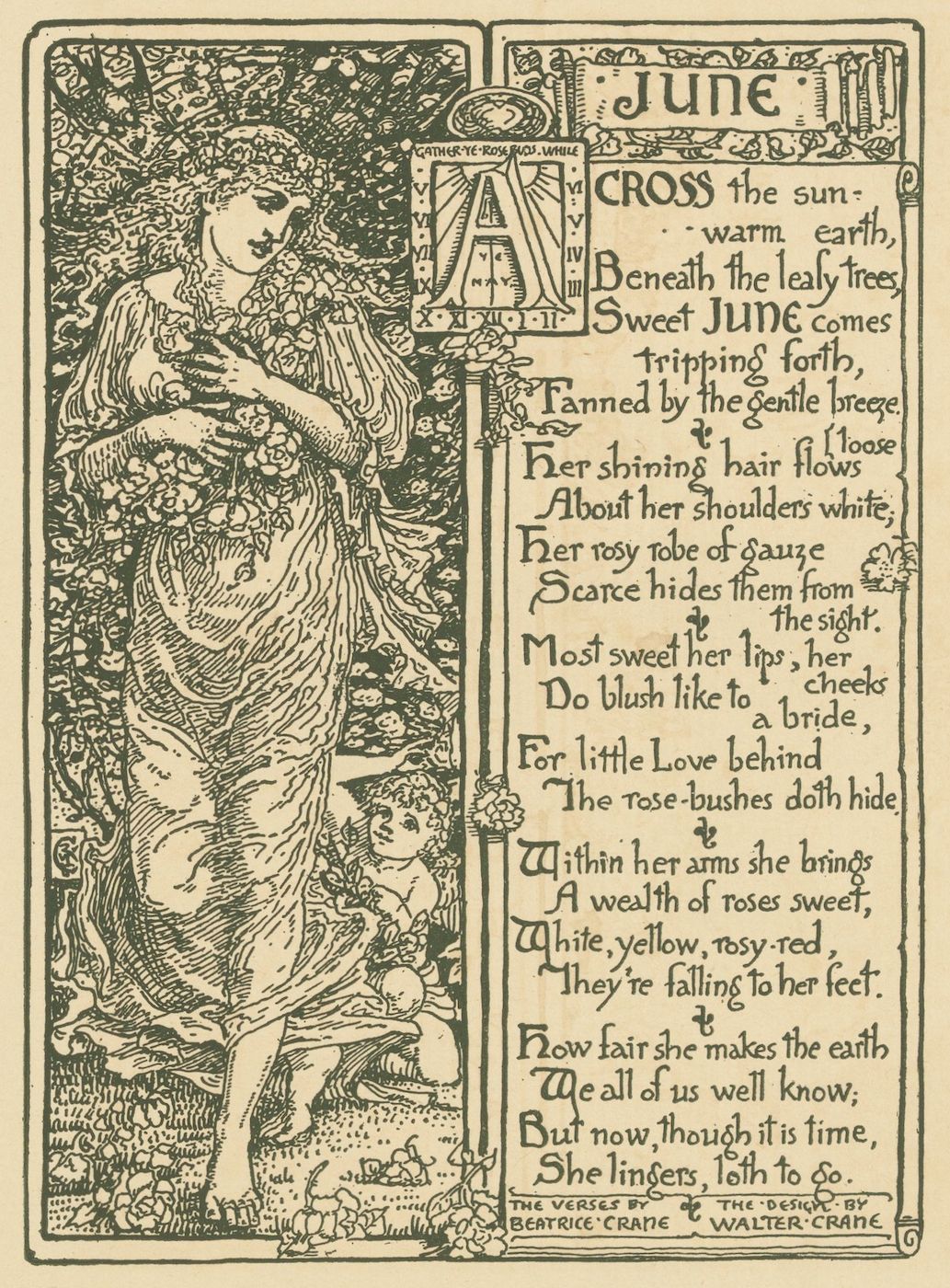 Vintage illustration of June with a poem and ornate floral design.