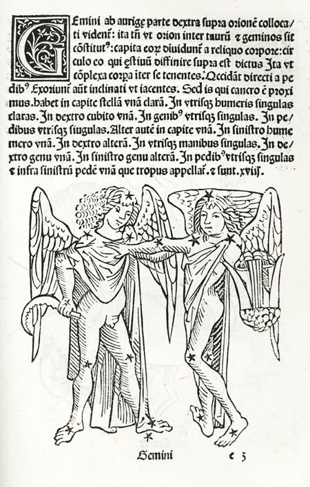 Vintage woodcut illustration of Gemini, two winged male figures with stars on their heads and bodies, surrounded by dense text.