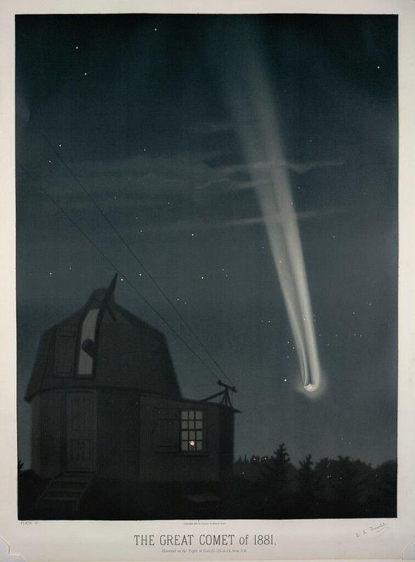 A vintage lithograph depicting the Great Comet of 1881, with a bright comet dominating the sky above an observatory building.