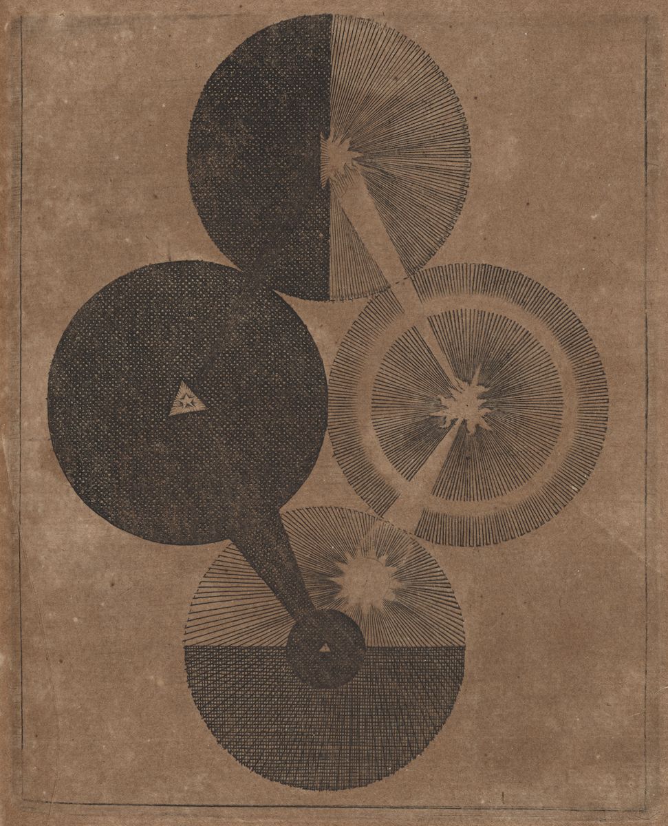 Vintage illustration of overlapping geometric shapes with a pointillist technique.