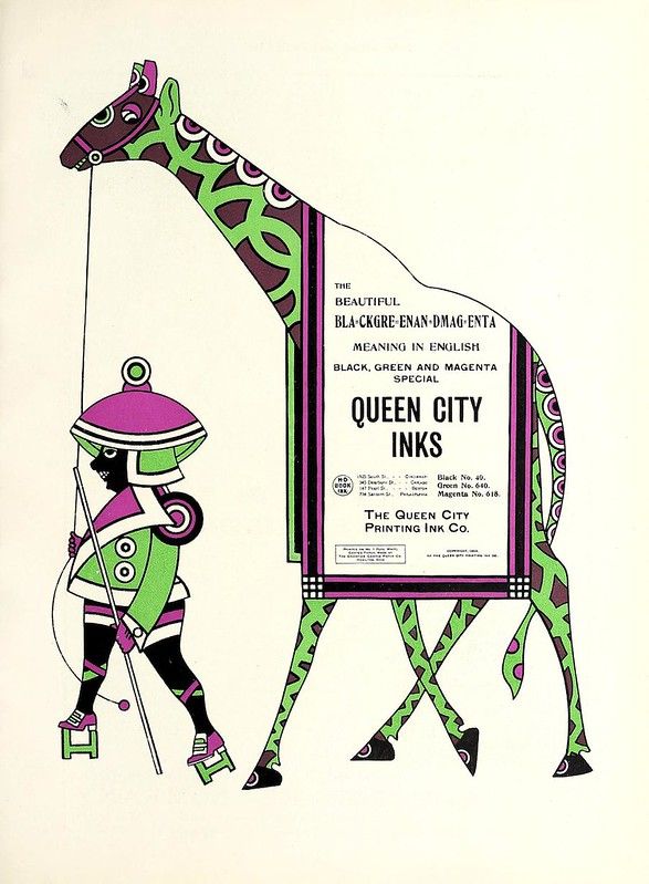 Vintage advertisement featuring a giraffe with a sign on its body and a person on roller skates guiding it.