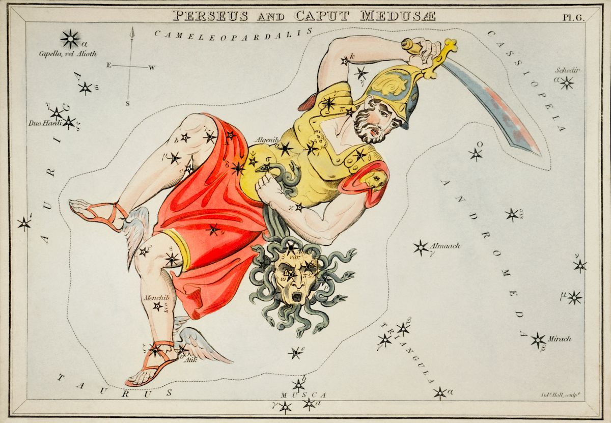 Antique celestial map of Perseus and Medusa, showing constellations, stars, and mythological figures.