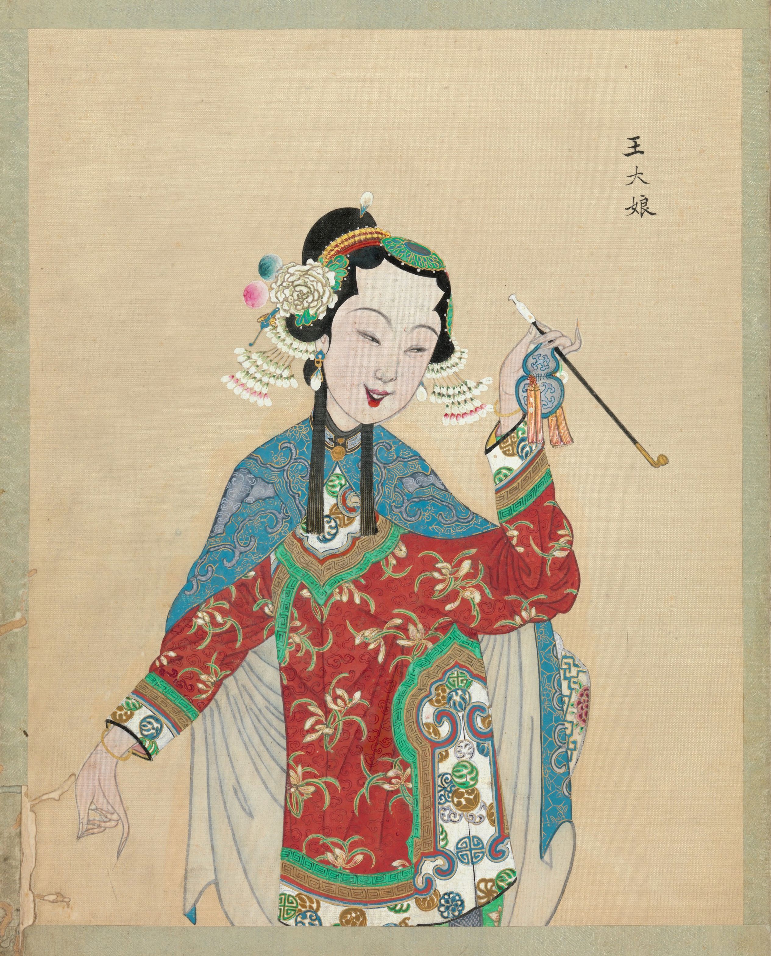 A portrait of a woman in traditional Chinese attire, rendered in a style reminiscent of a woodblock print or a traditional Chinese painting.