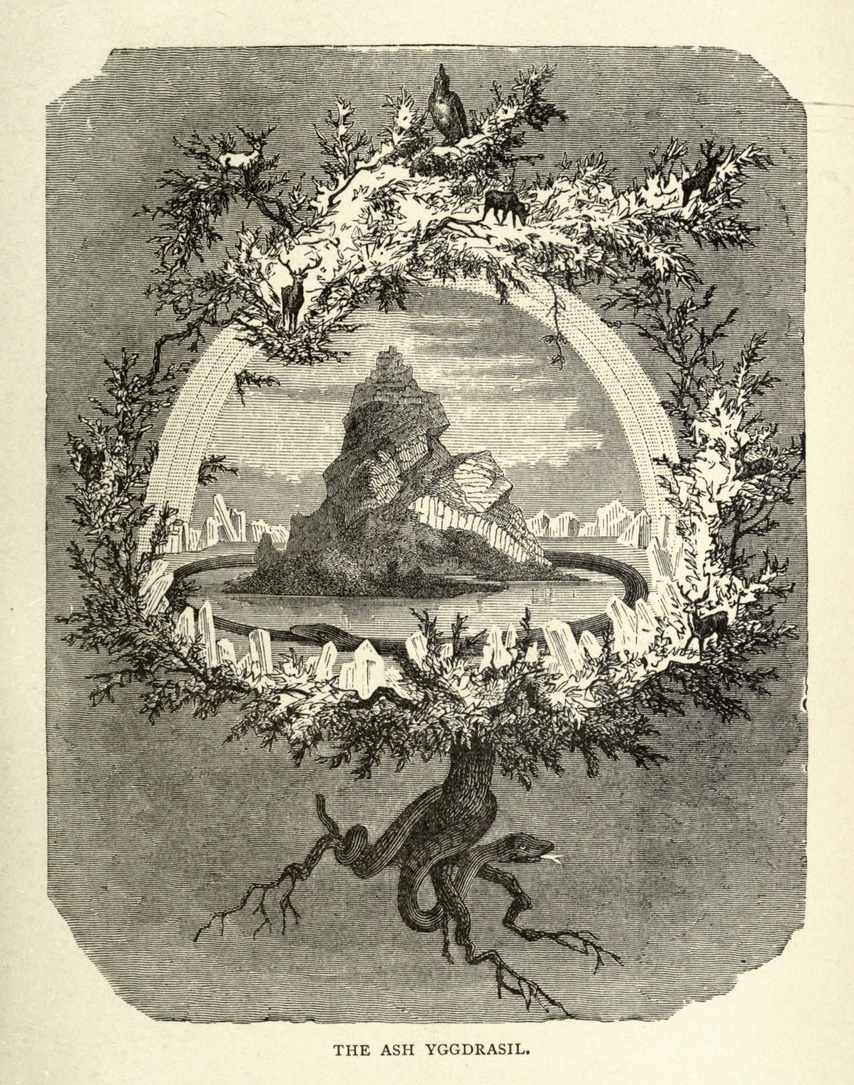 Vintage illustration of Yggdrasil, the world tree, with a mountain and reclining figure within its branches, surrounded by pillars.