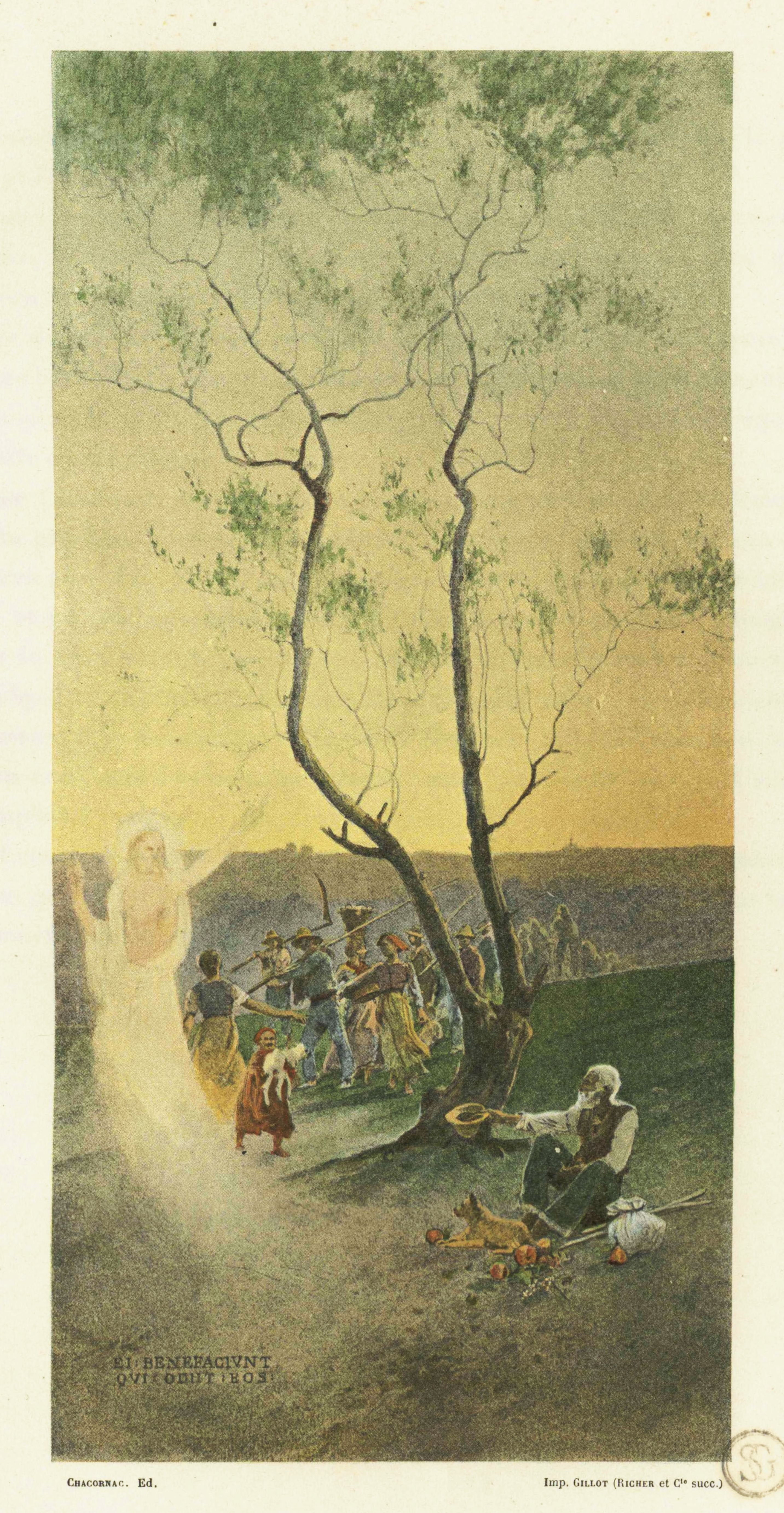 Vintage illustration of a group of people gathered around a bare tree in a field, with a hill and hazy sky in the background.