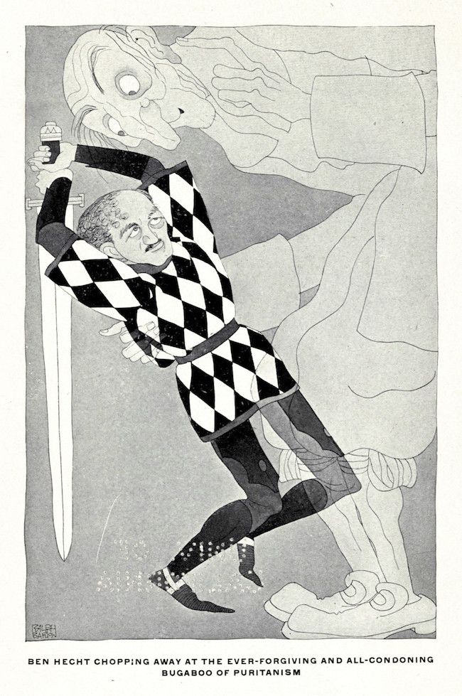 A black and white illustration of a man in a harlequin costume swinging a sword at a ghostly figure, with text below identifying the scene as Ben Hecht attacking the concept of Puritanism.