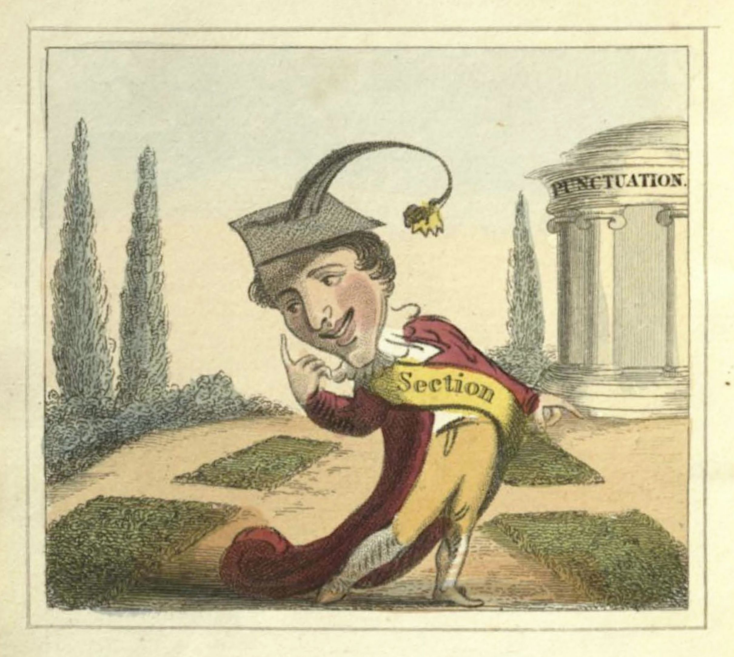 Vintage illustration of a man in a theatrical costume labeled 'Section' standing in front of a column labeled 'Punctuation'.