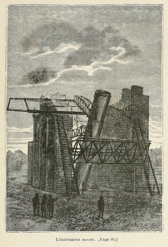 Vintage black and white engraving of a large telescope mounted on a stone tower, with people at the base and a cloudy sky in the background.
