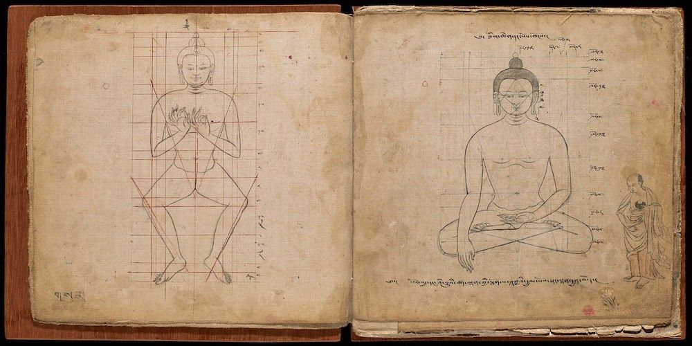 Open book with two pages filled with detailed line drawings of human figures, likely anatomical or instructional in nature.