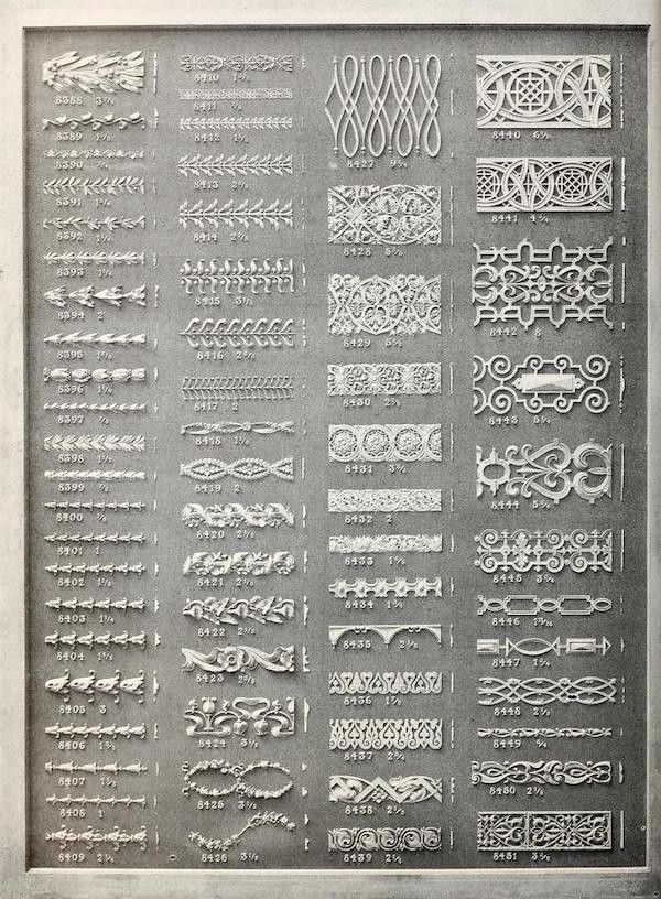 A vintage illustration of a grid of ornamental designs, each labeled with a number and size measurement.