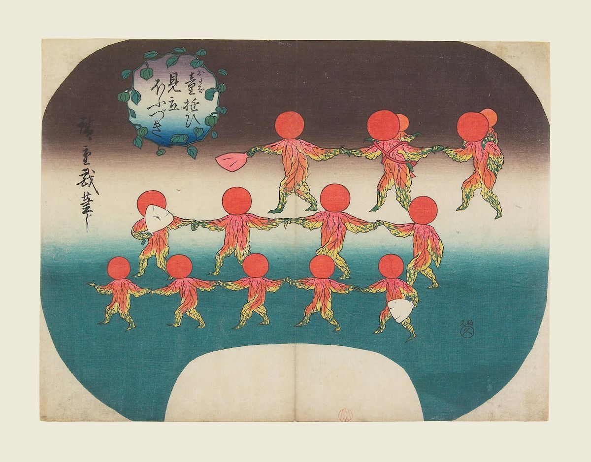 A Japanese woodblock print depicting a circle of figures with red heads and intricate, flame-like bodies.