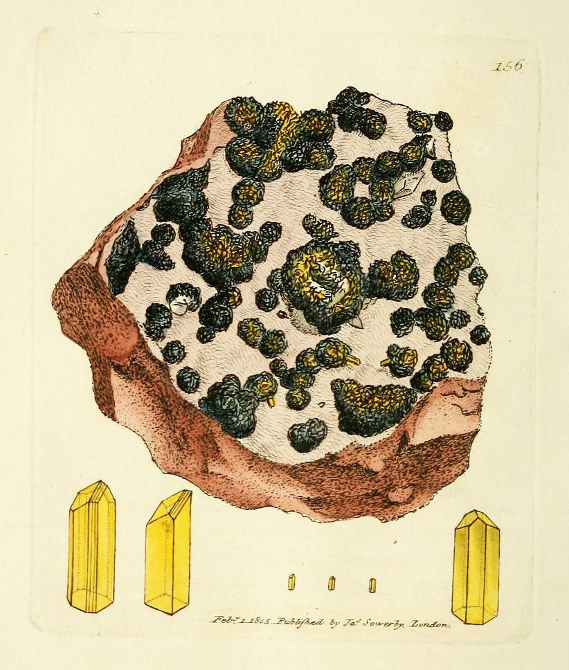 Vintage illustration of a mineral specimen with flower-like crystalline formations on a reddish-brown rock, accompanied by individual hexagonal and rectangular crystals.