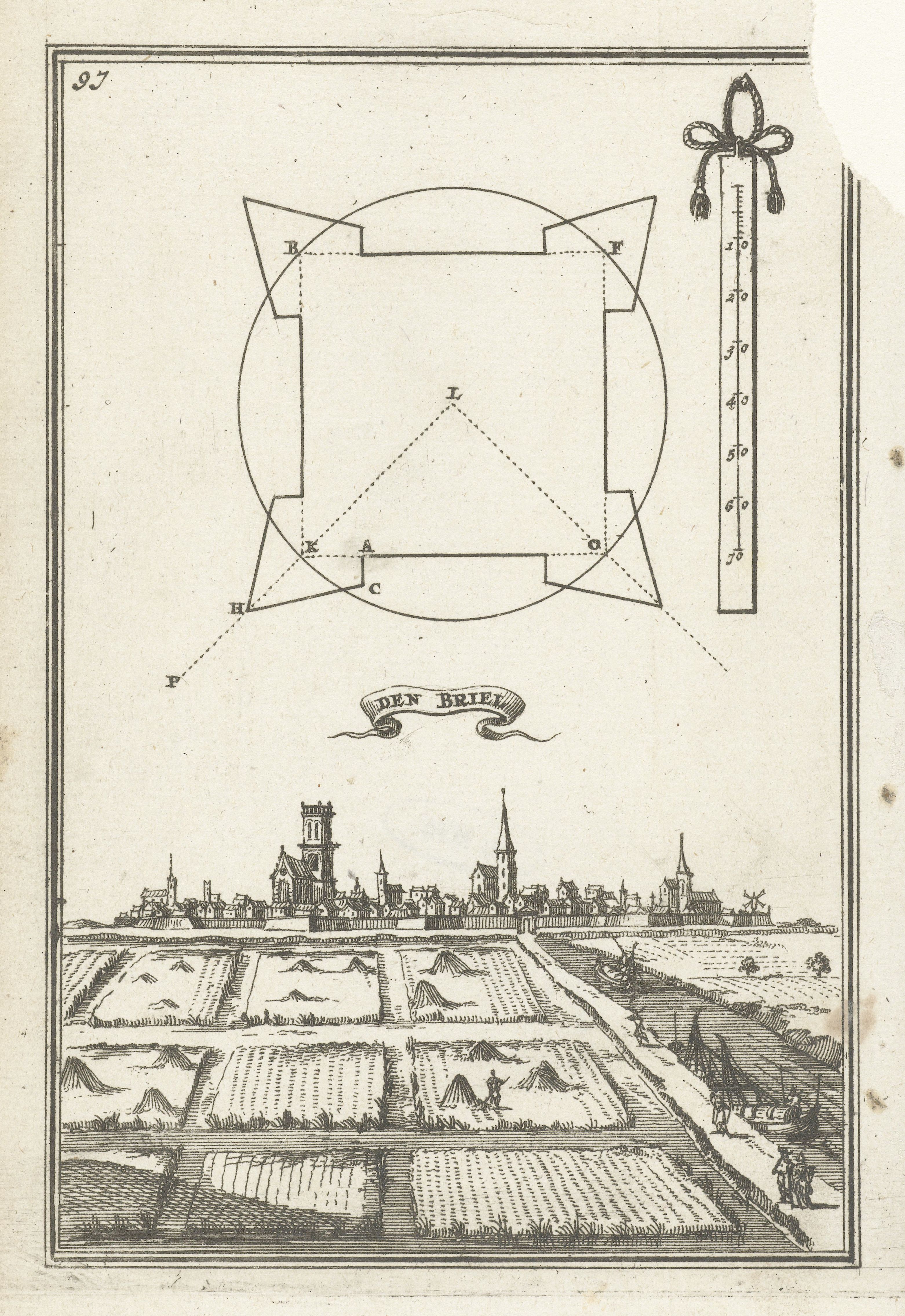Vintage black and white illustration of a castle map and town landscape.