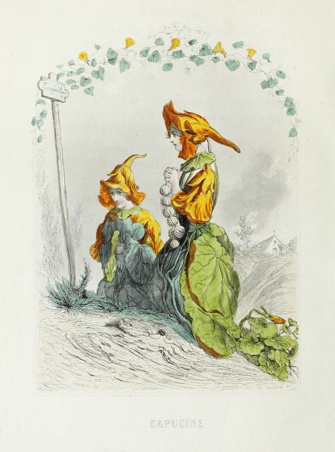 Vintage illustration of a woman and child dressed as nasturtium flowers, with a nasturtium archway and a wooden post.