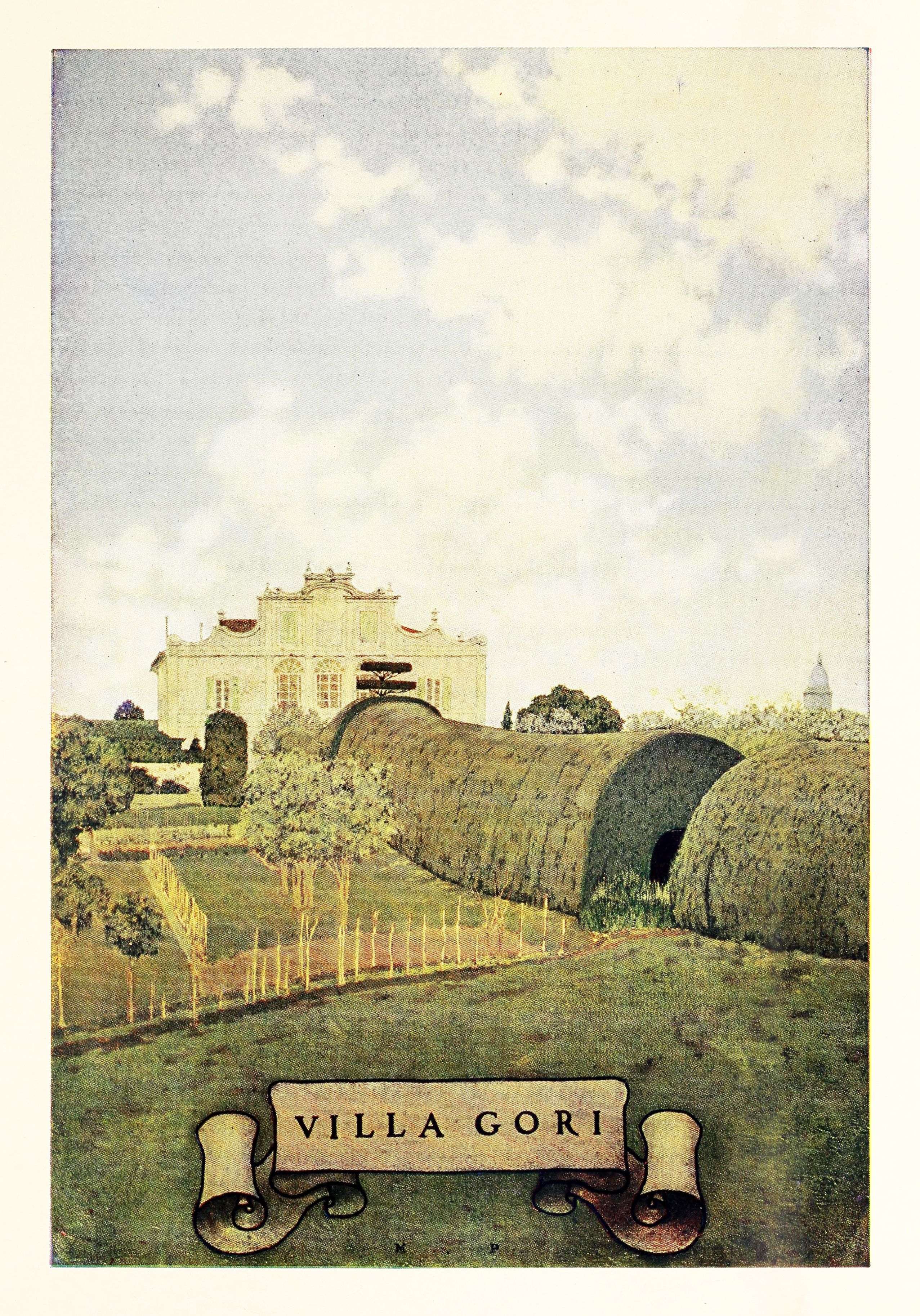 Vintage postcard of Villa Gori, a grand villa set within a lush, rolling landscape.