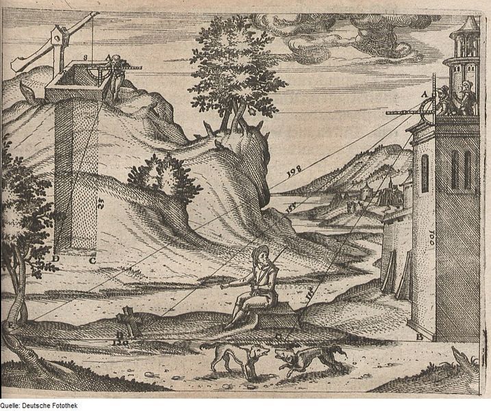 A black and white engraving depicting a scene with a castle, a hill, a tree, a man, and a dog.