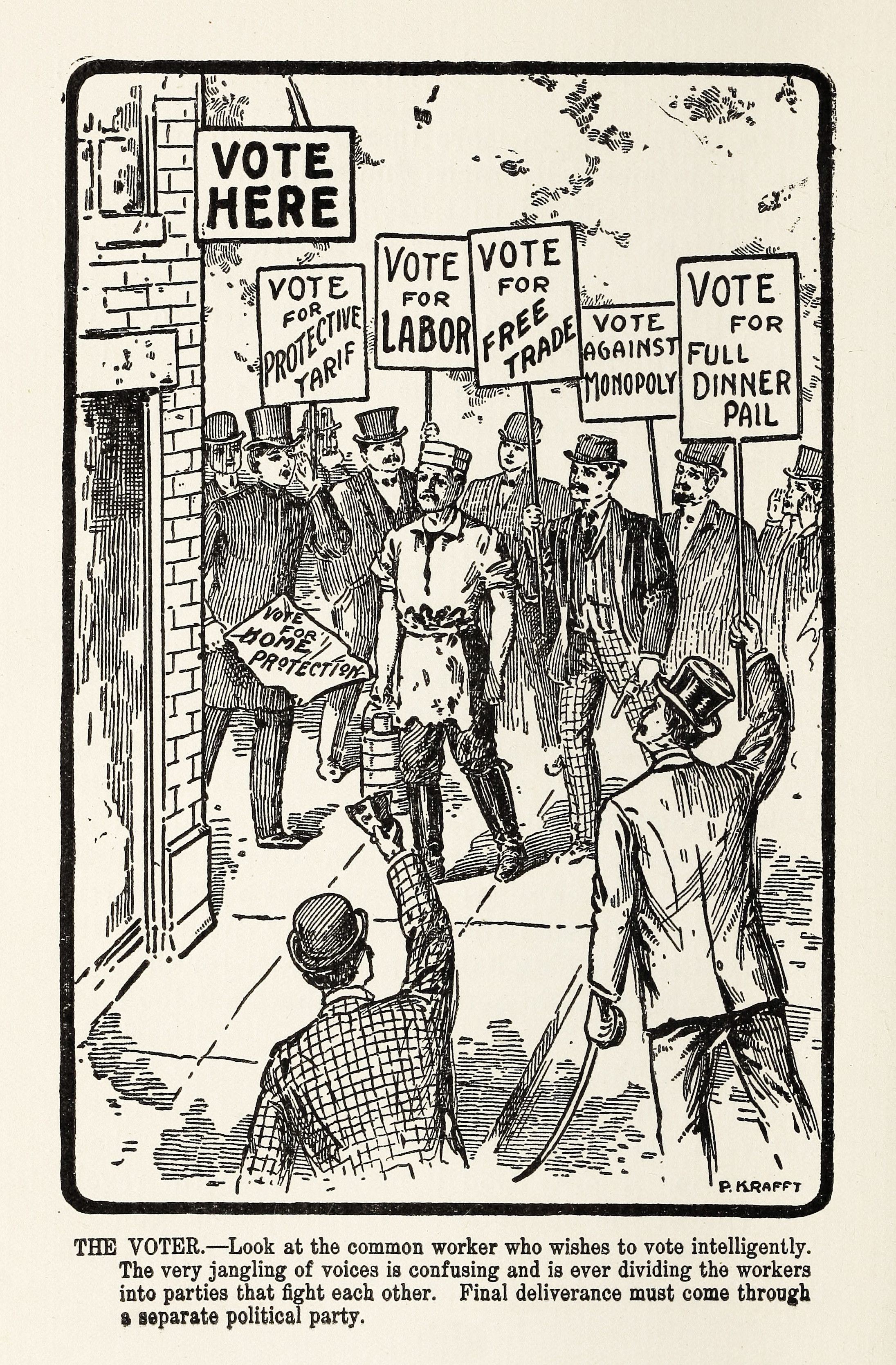 A black and white political cartoon from 1900 titled 'The Voter'. It depicts a chaotic scene of men rushing into a building labeled 'Vote Here'. The men are dressed in suits and hats, and they are carrying signs with various political slogans. Some of the signs read 'Vote for Protective Tariff', 'Vote for Labor', 'Vote for Free Trade', 'Vote Against Monopoly', and 'Vote for Full Dinner Pail'. The scene is crowded and chaotic, with men bumping into each other and appearing confused.