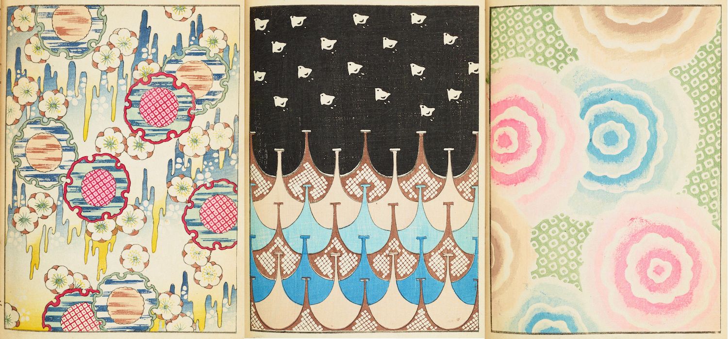 Three panels of vintage patterned designs, likely from a textile or wallpaper collection.