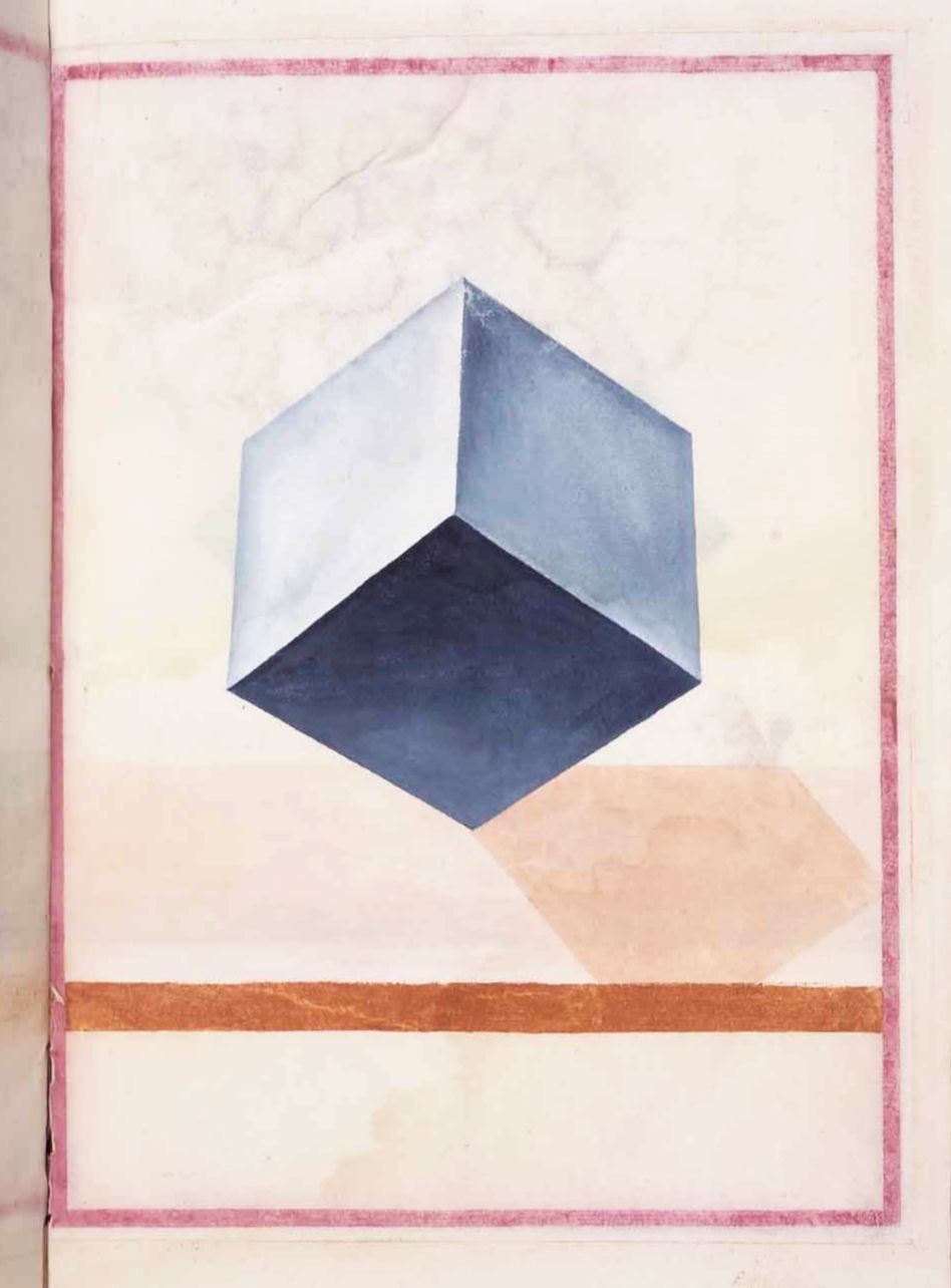 A painting of a dark blue cube casting a peach-colored shadow onto a creamy background, with a burnt orange rectangle below and a reddish-pink border around the composition.