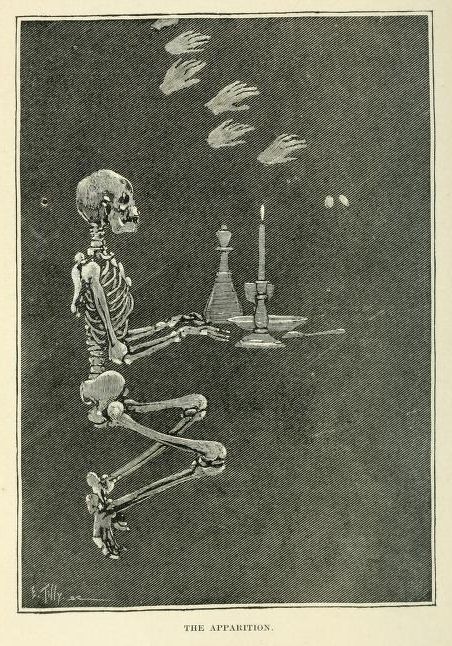 Vintage illustration of a skeleton seated at a table with a chess piece, candle, and floating ghostly hands.