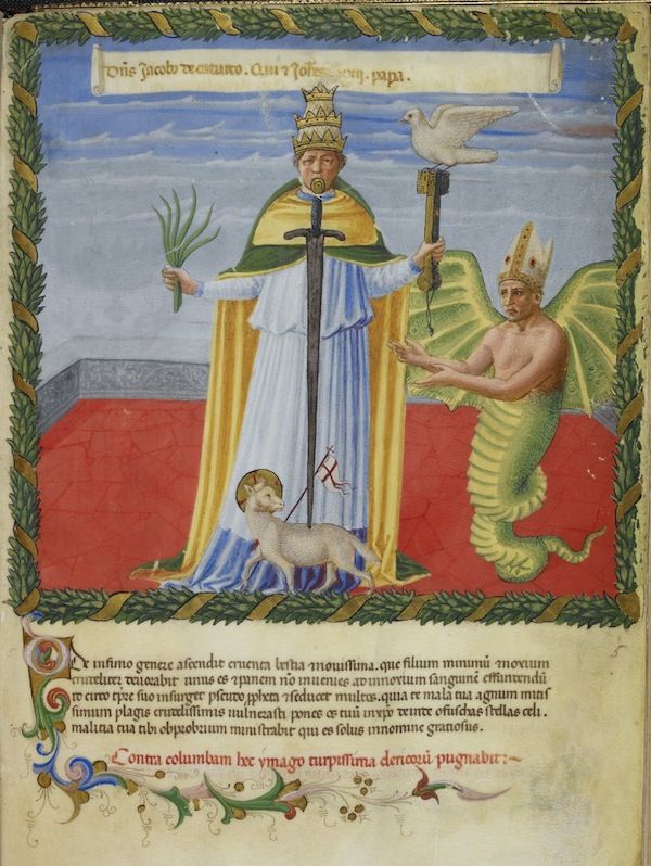 Illuminated manuscript page depicting a crowned figure on a throne, a dove, and a dragon attacking a smaller figure.