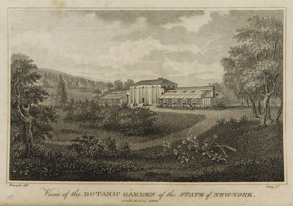 Vintage engraving of the Botanic Garden of the State of New York, established in 1801, featuring a classical building surrounded by lush vegetation and rolling hills.