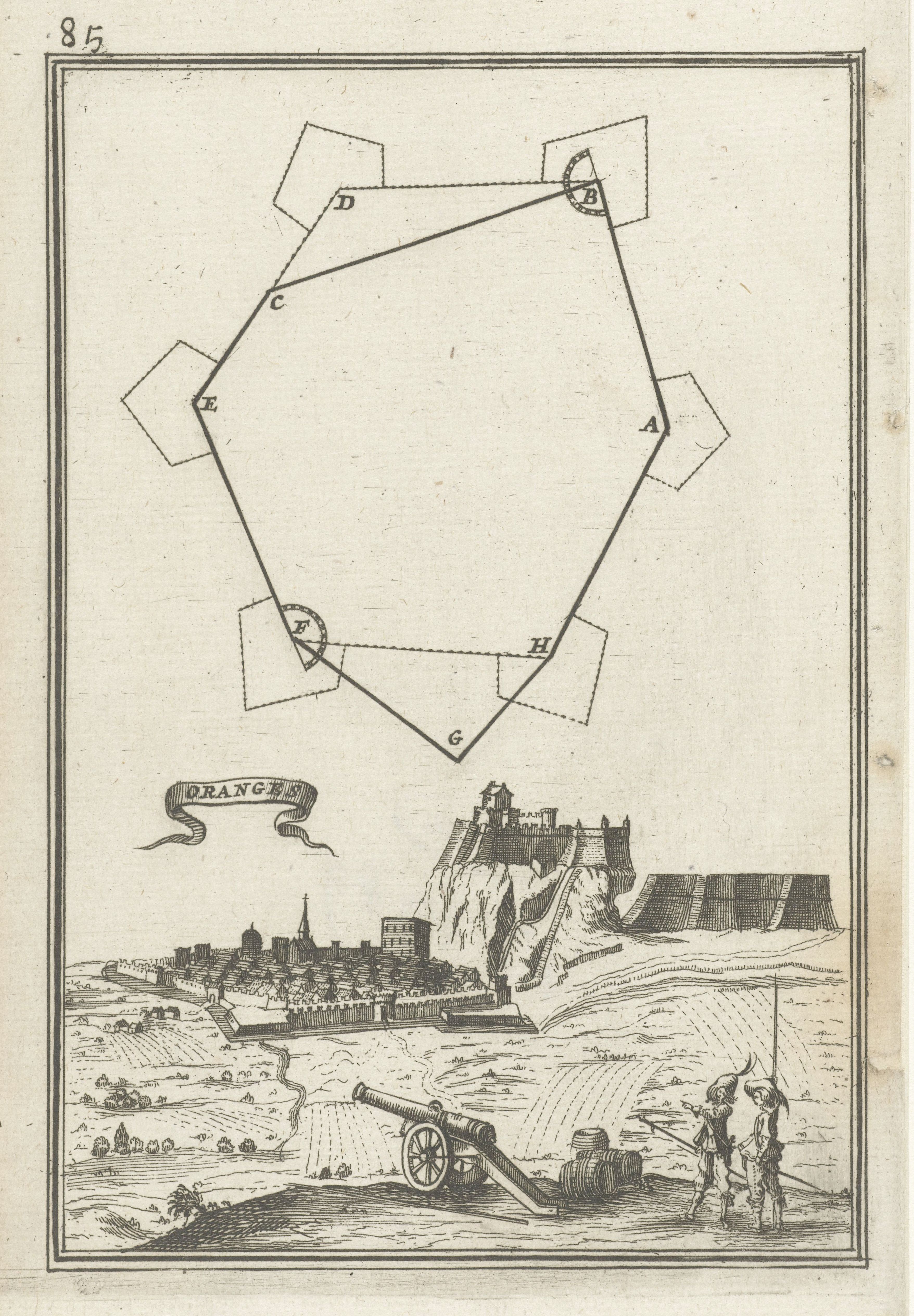 Vintage black and white engraving of a fortified town with a diagram of its fortifications.