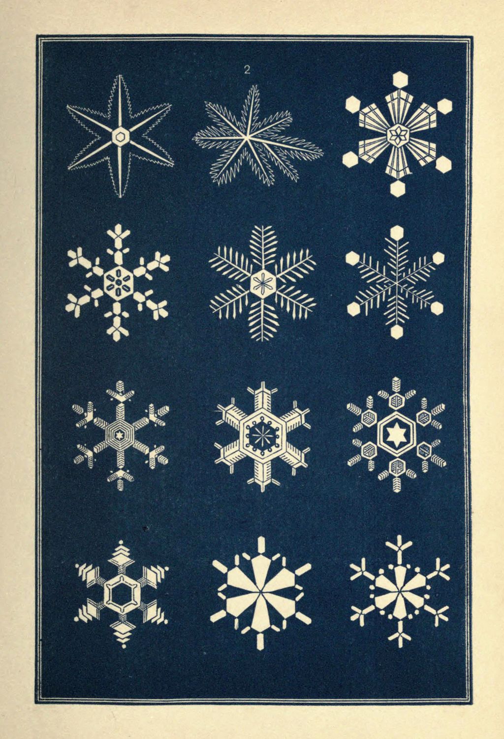 A vintage illustration of twelve unique snowflakes arranged in a grid on a dark blue background.