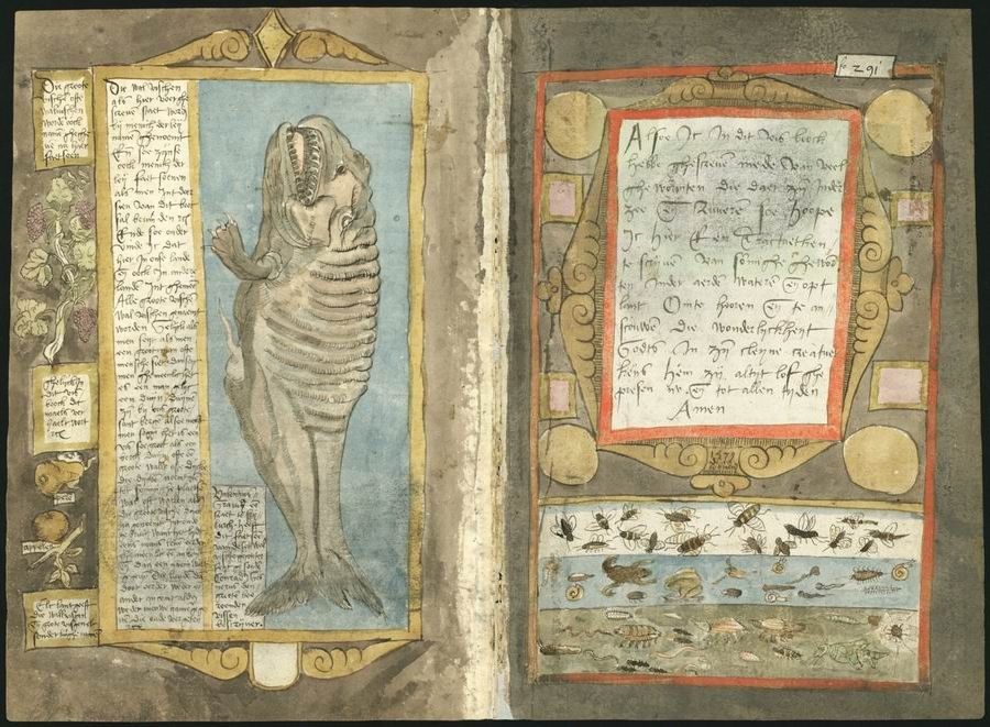 An open page from a medieval manuscript with illustrations of a whale and bees.
