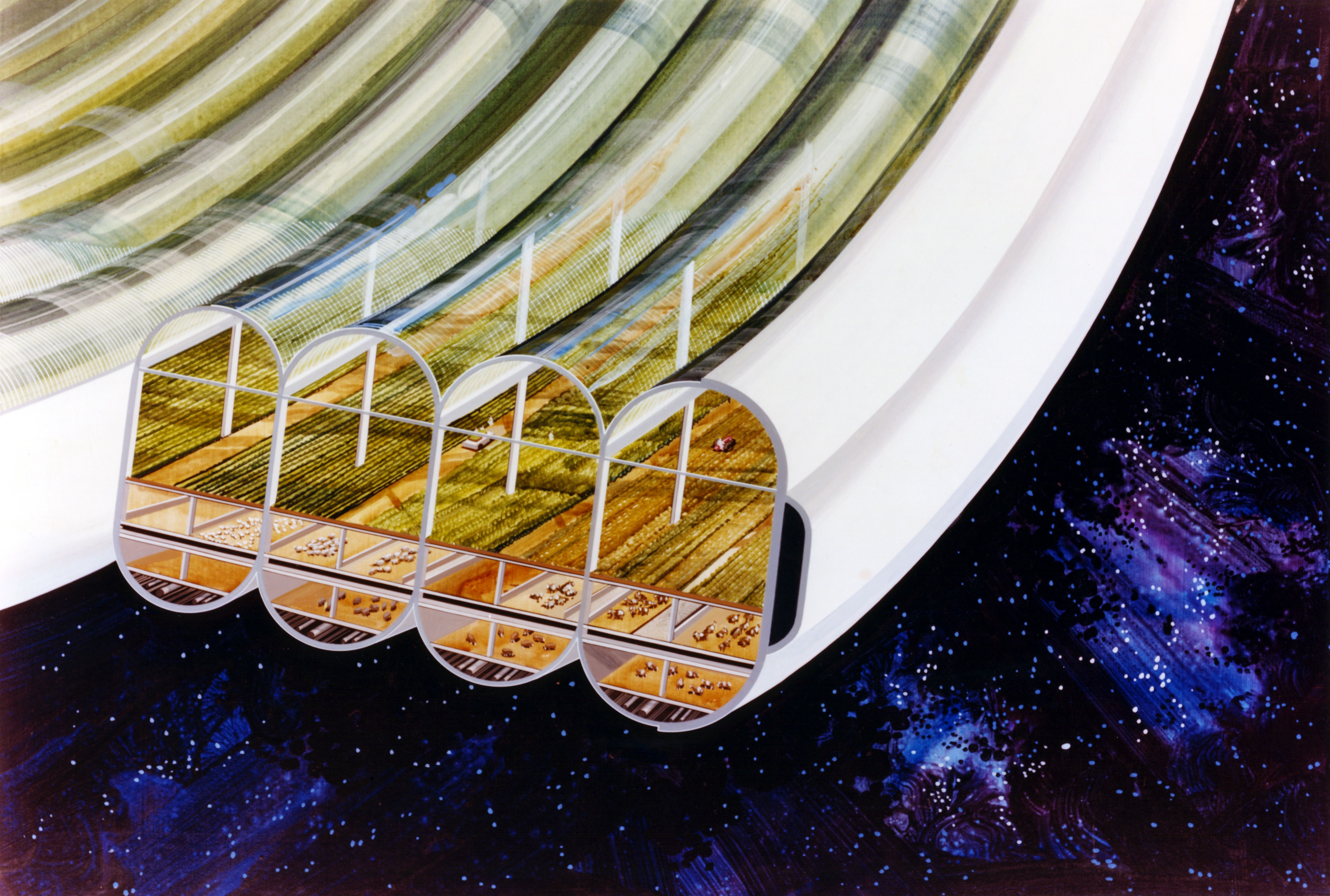 A futuristic concept of space agriculture, featuring a long cylindrical structure filled with crops against a backdrop of a vibrant galaxy.
