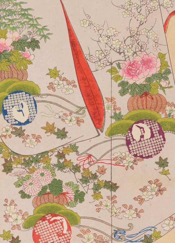 Close-up of a decorative pattern featuring kites and floral arrangements on a light beige background.