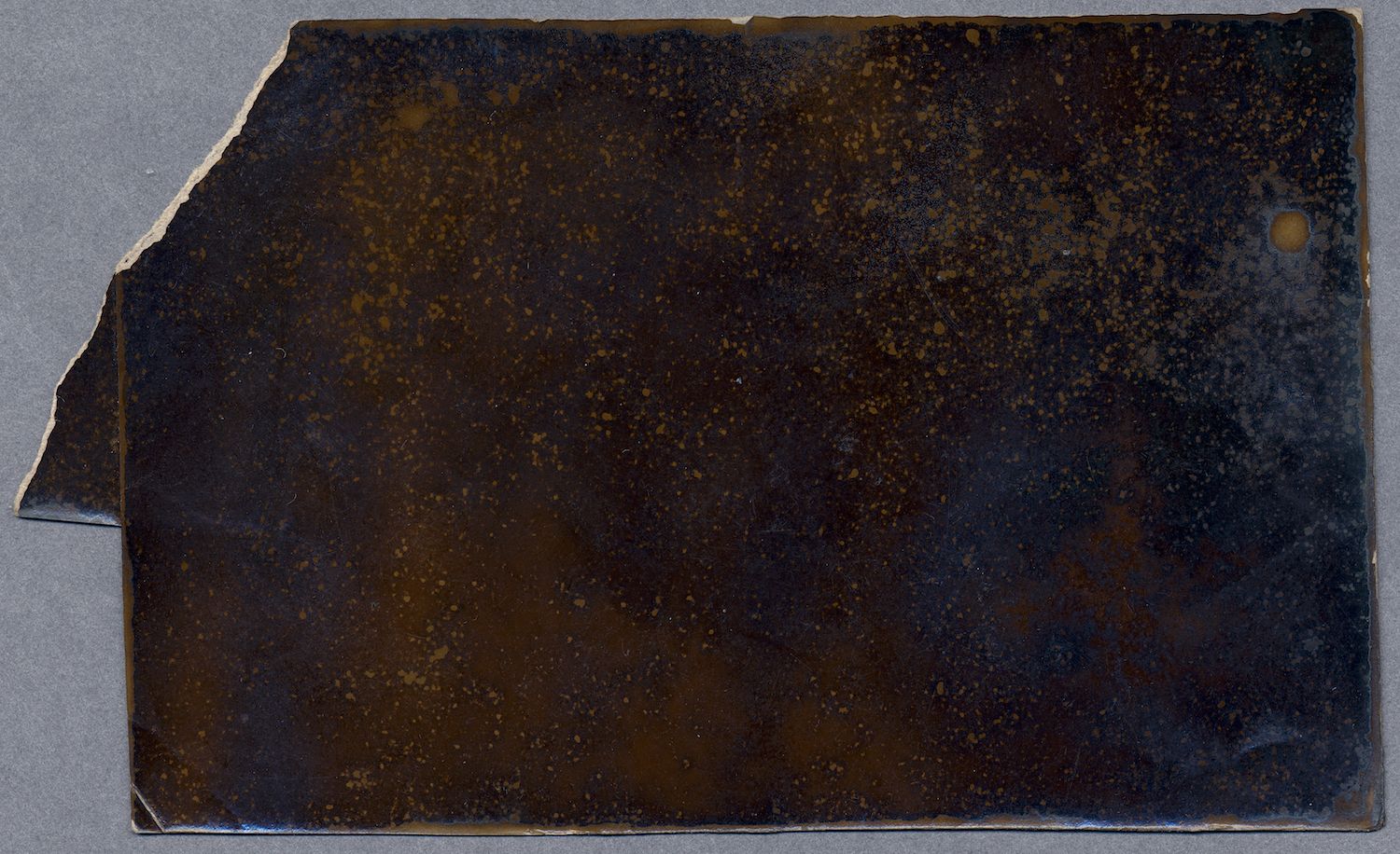 A dark, speckled sheet with a rough edge against a gray background.