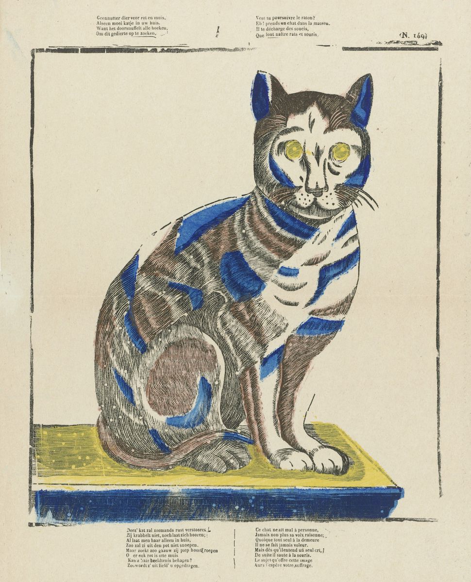 A hand-colored engraving of a cat wearing a blue coat and seated at a table.