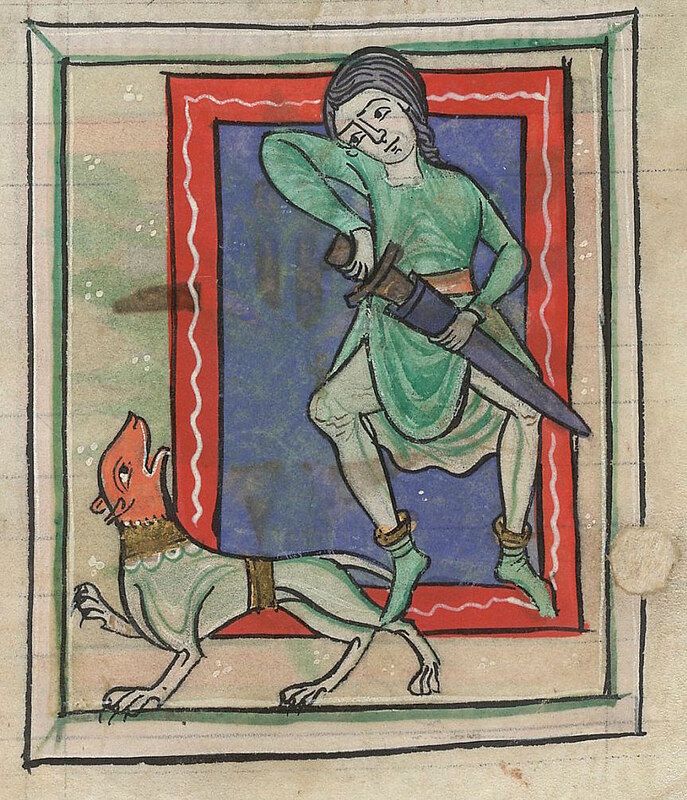 Medieval manuscript illustration of a knight fighting a dragon-like creature.