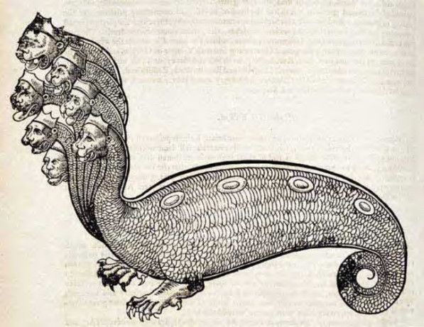 A detailed black and white illustration of a multi-headed dragon with a scaled body and crowned heads.