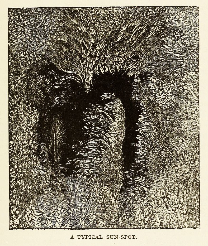 A vintage illustration of a sunspot, showing a dark, irregular void surrounded by chaotic, radiating lines.