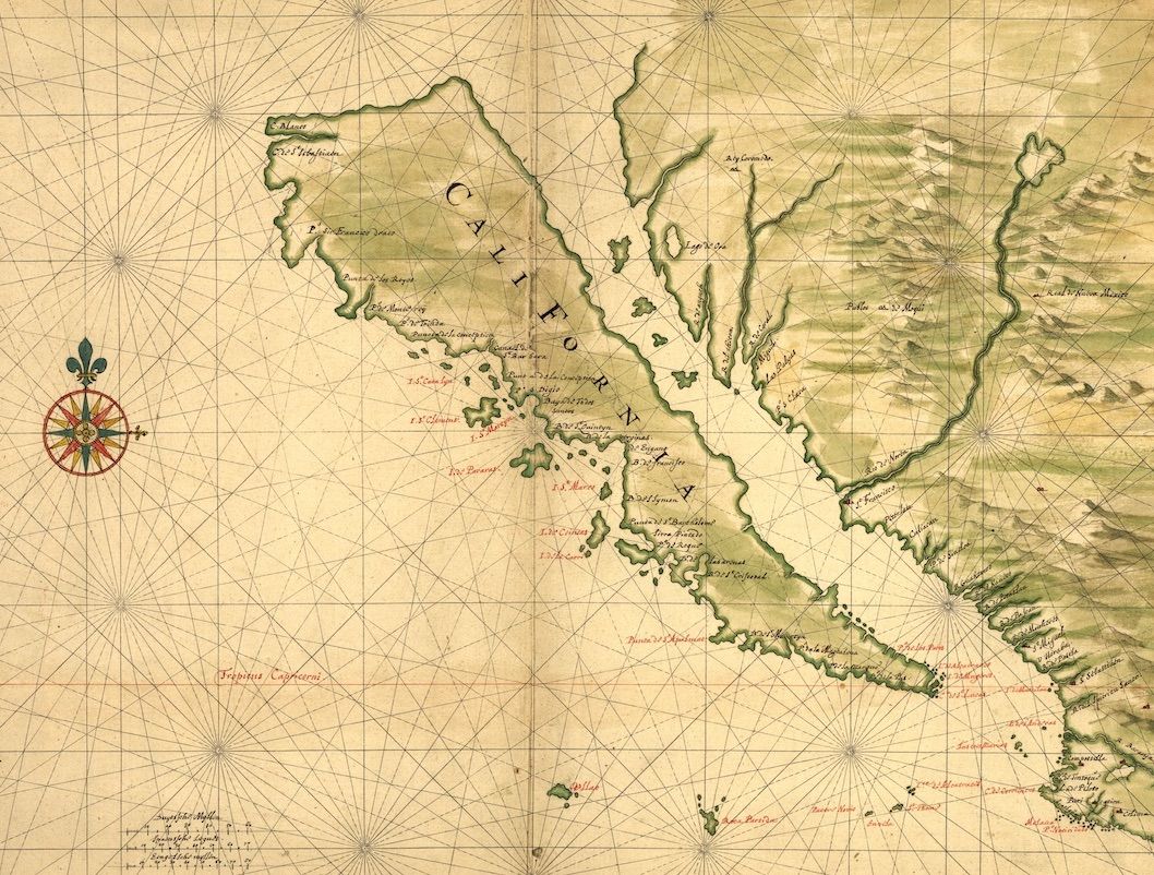 Vintage map of a coastline with islands, bays, and detailed place names, featuring a compass rose and grid lines.