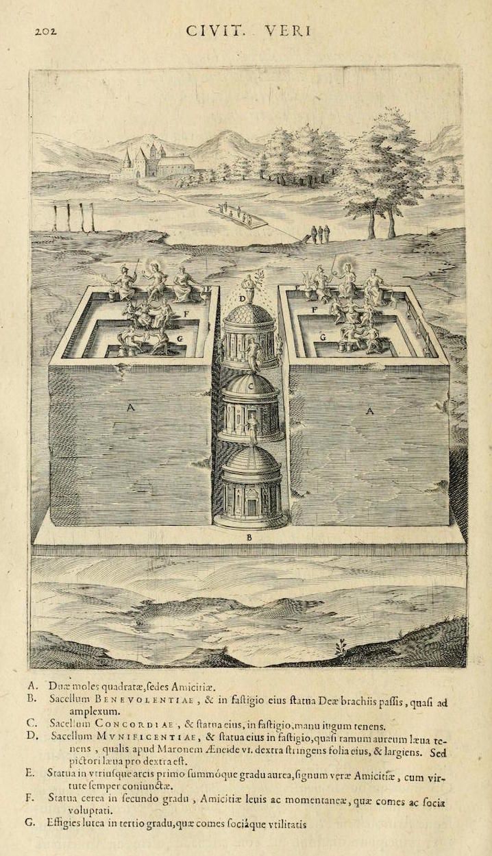A detailed engraving of a walled city with ornate buildings, towers, and a gate, labeled with letters and text.